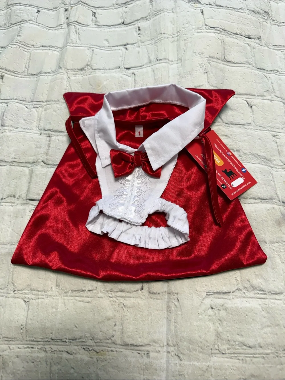 Pet Warrior Red Satin Vampire Cape Costume for pets with White Collar & Bow.